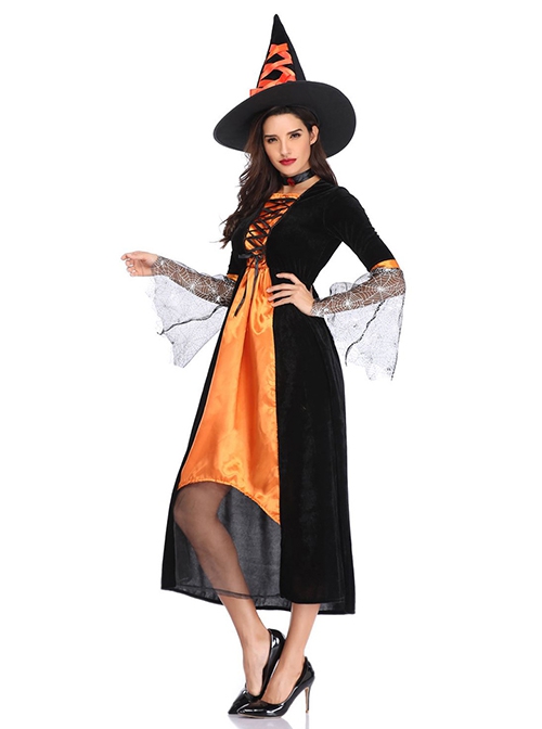 Black-orange Medium Sleeve Mesh Cuff Chest Drawstring Slim Long Dress Halloween Witch Magician Costume Female