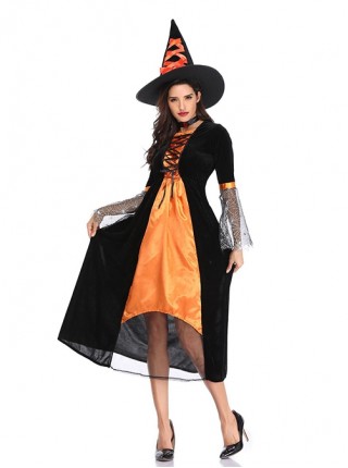 Black-orange Medium Sleeve Mesh Cuff Chest Drawstring Slim Long Dress Halloween Witch Magician Costume Female