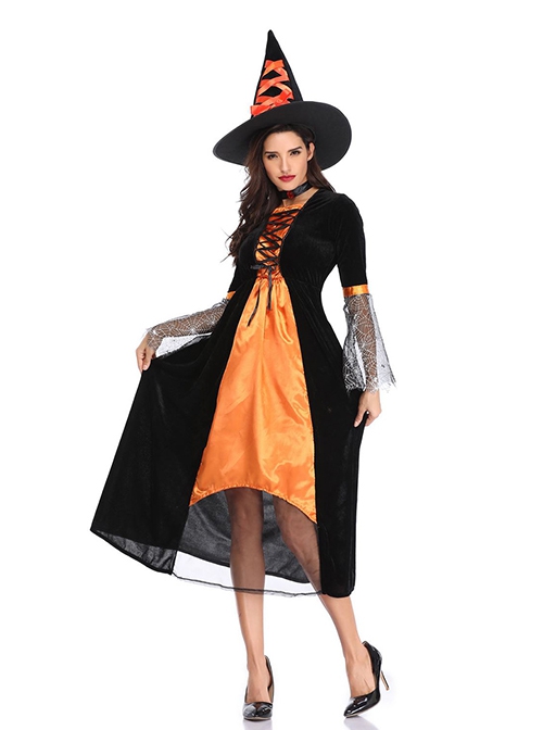 Black-orange Medium Sleeve Mesh Cuff Chest Drawstring Slim Long Dress Halloween Witch Magician Costume Female