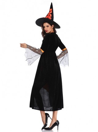 Black-orange Medium Sleeve Mesh Cuff Chest Drawstring Slim Long Dress Halloween Witch Magician Costume Female