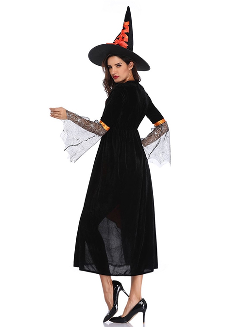 Black-orange Medium Sleeve Mesh Cuff Chest Drawstring Slim Long Dress Halloween Witch Magician Costume Female