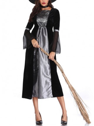 Black-grey Medium Sleeve Mesh Cuff Chest Spider Web Print Slim Long Dress Set Halloween Witch Magician Costume Female