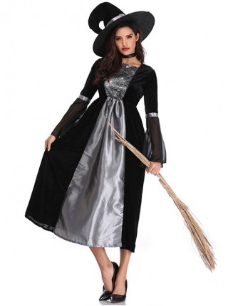 Black-grey Medium Sleeve Mesh Cuff Chest Spider Web Print Slim Long Dress Set Halloween Witch Magician Costume Female