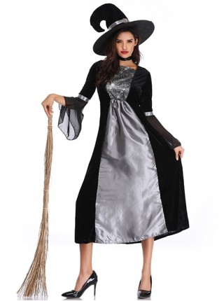 Black-grey Medium Sleeve Mesh Cuff Chest Spider Web Print Slim Long Dress Set Halloween Witch Magician Costume Female