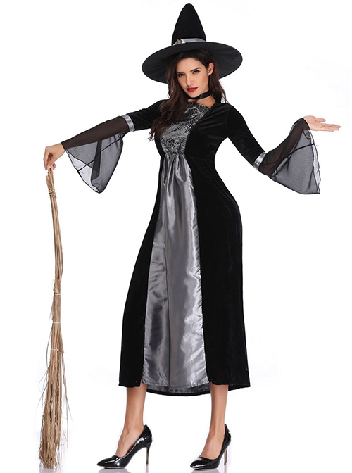 Black-grey Medium Sleeve Mesh Cuff Chest Spider Web Print Slim Long Dress Set Halloween Witch Magician Costume Female