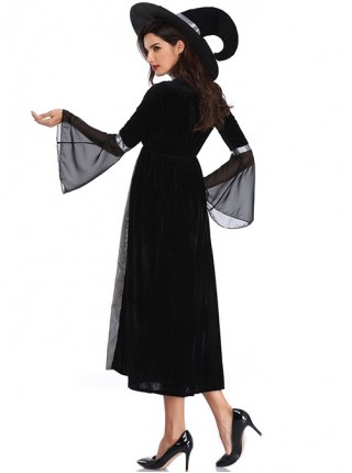 Black-grey Medium Sleeve Mesh Cuff Chest Spider Web Print Slim Long Dress Set Halloween Witch Magician Costume Female