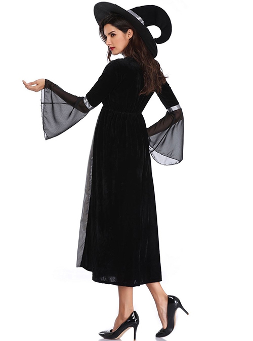 Black-grey Medium Sleeve Mesh Cuff Chest Spider Web Print Slim Long Dress Set Halloween Witch Magician Costume Female