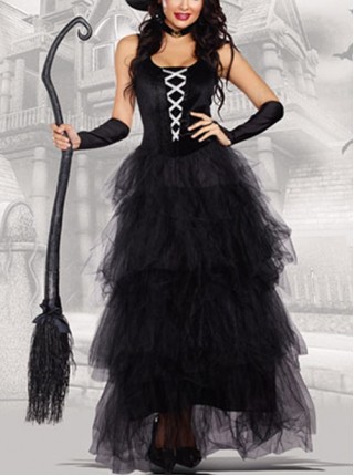 Elegant Black Layered Lace Fluffy Hem U Neck Sleeveless Long Dress Set Halloween Demon Witch Vampire Earl Costume Female