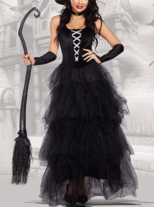 Elegant Black Layered Lace Fluffy Hem U Neck Sleeveless Long Dress Set Halloween Demon Witch Vampire Earl Costume Female