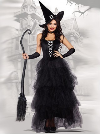 Elegant Black Layered Lace Fluffy Hem U Neck Sleeveless Long Dress Set Halloween Demon Witch Vampire Earl Costume Female