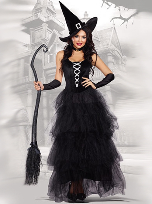 Elegant Black Layered Lace Fluffy Hem U Neck Sleeveless Long Dress Set Halloween Demon Witch Vampire Earl Costume Female