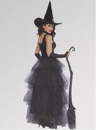 Elegant Black Layered Lace Fluffy Hem U Neck Sleeveless Long Dress Set Halloween Demon Witch Vampire Earl Costume Female