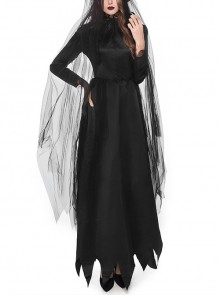 Long Gothic Black Stand Collar Long Sleeve Dress Headband Mesh Veil Ghost Bride Nun Set Halloween Demon Vampire Witch Costume