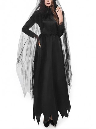 Long Gothic Black Stand Collar Long Sleeve Dress Headband Mesh Veil Ghost Bride Nun Set Halloween Demon Vampire Witch Costume