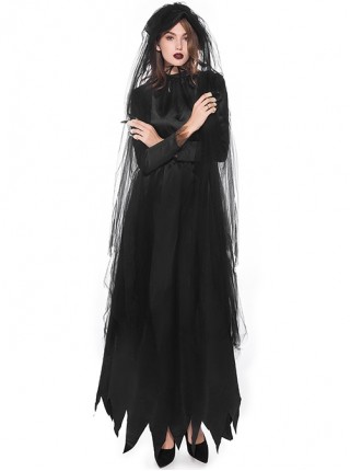 Long Gothic Black Stand Collar Long Sleeve Dress Headband Mesh Veil Ghost Bride Nun Set Halloween Demon Vampire Witch Costume