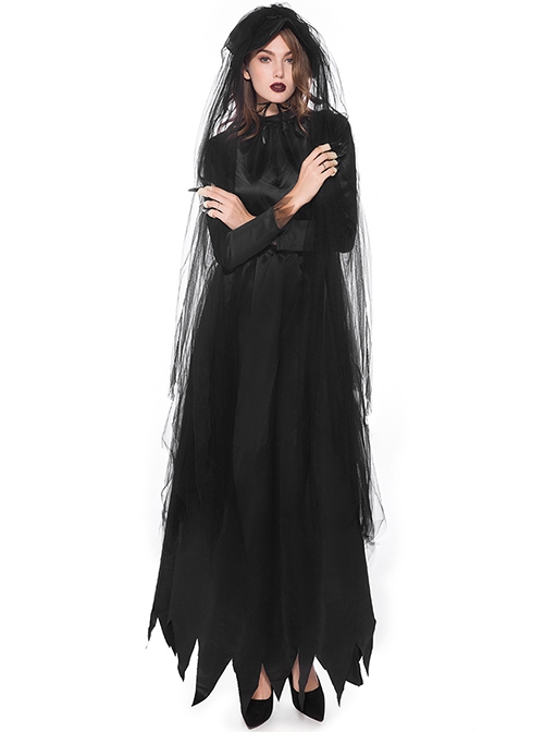 Long Gothic Black Stand Collar Long Sleeve Dress Headband Mesh Veil Ghost Bride Nun Set Halloween Demon Vampire Witch Costume