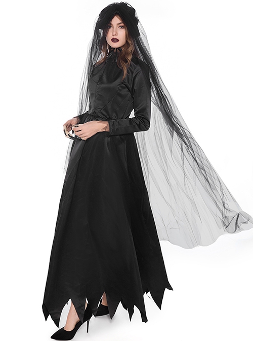 Long Gothic Black Stand Collar Long Sleeve Dress Headband Mesh Veil Ghost Bride Nun Set Halloween Demon Vampire Witch Costume