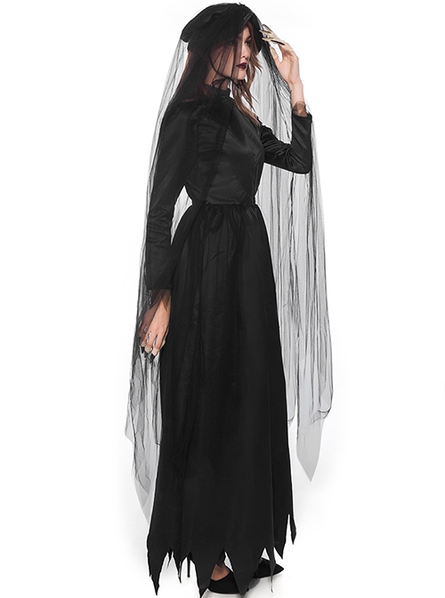 Long Gothic Black Stand Collar Long Sleeve Dress Headband Mesh Veil Ghost Bride Nun Set Halloween Demon Vampire Witch Costume