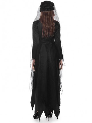 Long Gothic Black Stand Collar Long Sleeve Dress Headband Mesh Veil Ghost Bride Nun Set Halloween Demon Vampire Witch Costume
