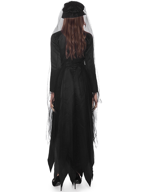 Long Gothic Black Stand Collar Long Sleeve Dress Headband Mesh Veil Ghost Bride Nun Set Halloween Demon Vampire Witch Costume