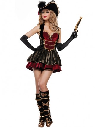Sexy Charming Red Bow Decoration Metallic Feel Black-red Sling Short Dress Set Witch Pirate Warrior Halloween Costume