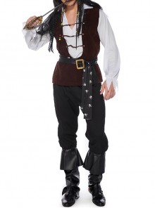 V Collar Long Sleeve White Shirt Red Vest Black Pants Skeleton Print Halloween Pirate Captain Warrior Costume Male