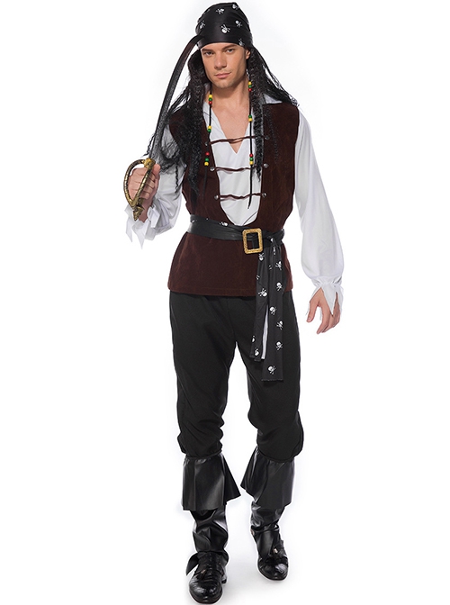 V Collar Long Sleeve White Shirt Red Vest Black Pants Skeleton Print Halloween Pirate Captain Warrior Costume Male