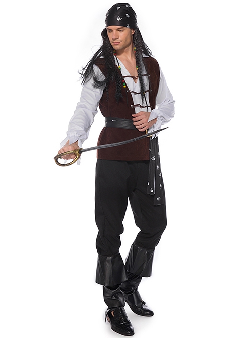 V Collar Long Sleeve White Shirt Red Vest Black Pants Skeleton Print Halloween Pirate Captain Warrior Costume Male