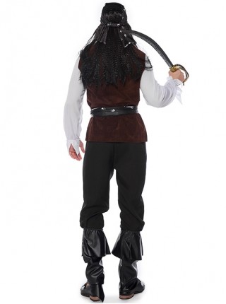 V Collar Long Sleeve White Shirt Red Vest Black Pants Skeleton Print Halloween Pirate Captain Warrior Costume Male