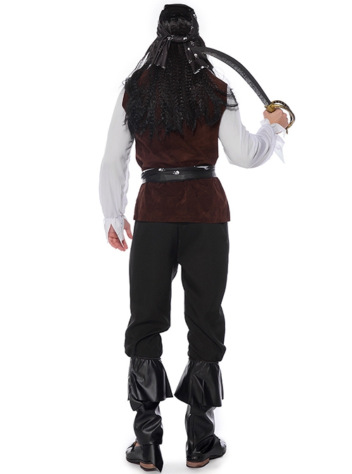 V Collar Long Sleeve White Shirt Red Vest Black Pants Skeleton Print Halloween Pirate Captain Warrior Costume Male