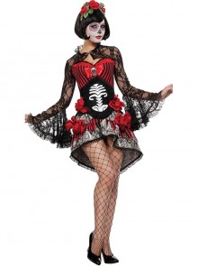 Black-red Hollow Out Lace Trumpet Sleeve Skeleton Pattern Red Flowers Decoration Irregular Hem Short Dress Halloween Demon Vampire Costume Female