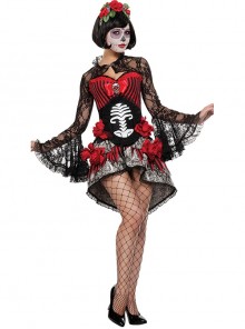 Black-red Hollow Out Lace Trumpet Sleeve Skeleton Pattern Red Flowers Decoration Irregular Hem Short Dress Halloween Demon Vampire Costume Female