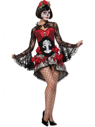 Black-red Hollow Out Lace Trumpet Sleeve Skeleton Pattern Red Flowers Decoration Irregular Hem Short Dress Halloween Demon Vampire Costume Female