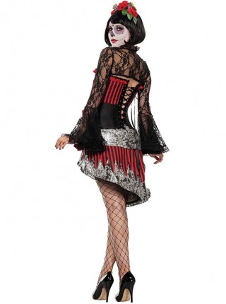 Black-red Hollow Out Lace Trumpet Sleeve Skeleton Pattern Red Flowers Decoration Irregular Hem Short Dress Halloween Demon Vampire Costume Female