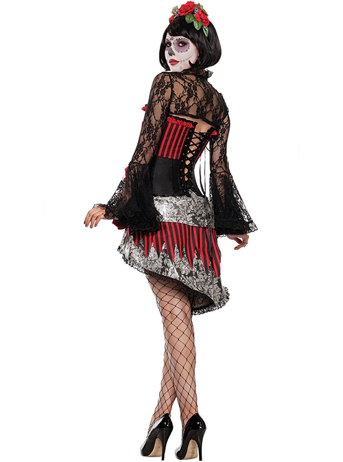 Black-red Hollow Out Lace Trumpet Sleeve Skeleton Pattern Red Flowers Decoration Irregular Hem Short Dress Halloween Demon Vampire Costume Female