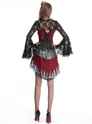 Black-red Hollow Out Lace Trumpet Sleeve Skeleton Pattern Red Flowers Decoration Irregular Hem Short Dress Halloween Demon Vampire Costume Female