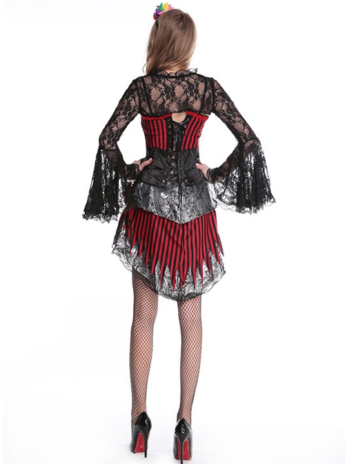 Black-red Hollow Out Lace Trumpet Sleeve Skeleton Pattern Red Flowers Decoration Irregular Hem Short Dress Halloween Demon Vampire Costume Female