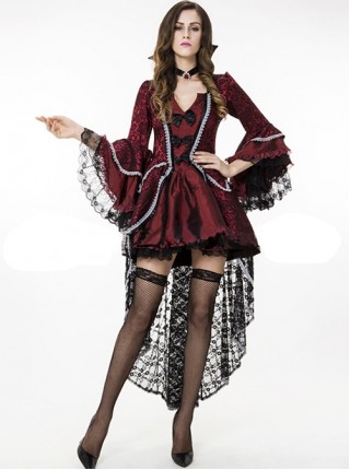 Classical Elegant Black Bow Backless Drawstring Delicate Lace Edge Red Long Sleeve Short Dress Halloween Vampire Nobility Earl Costume Female