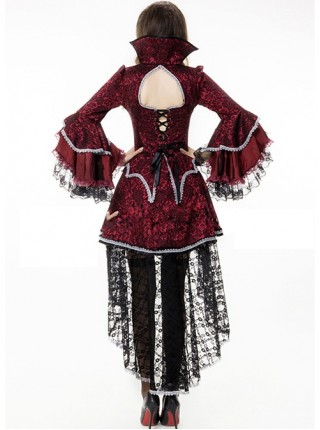 Classical Elegant Black Bow Backless Drawstring Delicate Lace Edge Red Long Sleeve Short Dress Halloween Vampire Nobility Earl Costume Female