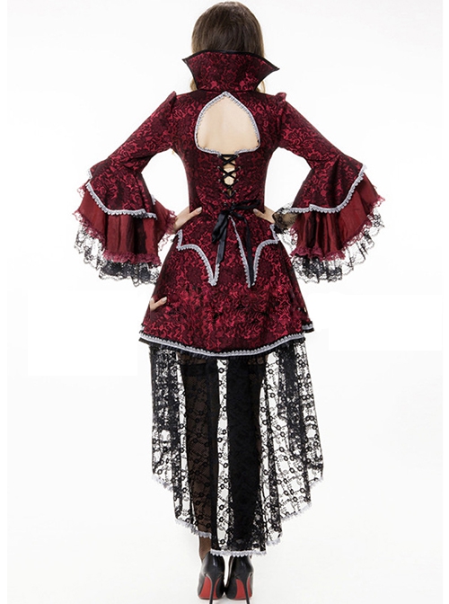 Classical Elegant Black Bow Backless Drawstring Delicate Lace Edge Red Long Sleeve Short Dress Halloween Vampire Nobility Earl Costume Female