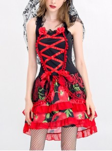 Lace Flowers Decoration Black-red Sleeveless Short Dress Halloween Ghost Bride Demon Vampire Costume