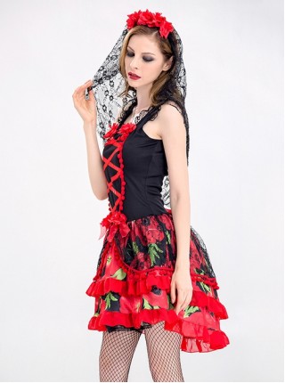 Lace Flowers Decoration Black-red Sleeveless Short Dress Halloween Ghost Bride Demon Vampire Costume
