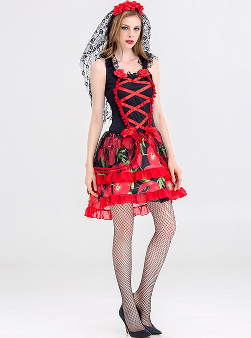 Lace Flowers Decoration Black-red Sleeveless Short Dress Halloween Ghost Bride Demon Vampire Costume
