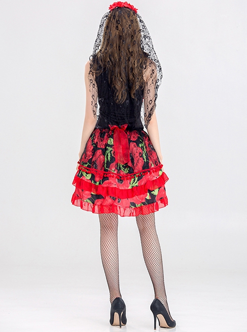 Lace Flowers Decoration Black-red Sleeveless Short Dress Halloween Ghost Bride Demon Vampire Costume