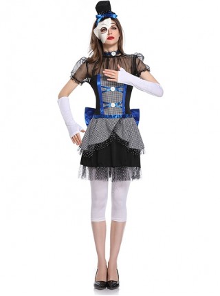 Black Lace Short Sleeve Short Dress Blue Bow Medium White Trouser Bride Set Halloween Ghost Doll Circus Clown Performance Costume