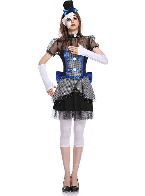 Black Lace Short Sleeve Short Dress Blue Bow Medium White Trouser Bride Set Halloween Ghost Doll Circus Clown Performance Costume