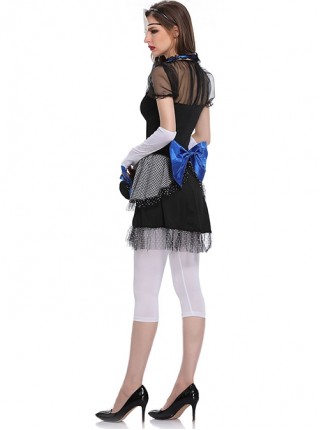 Black Lace Short Sleeve Short Dress Blue Bow Medium White Trouser Bride Set Halloween Ghost Doll Circus Clown Performance Costume