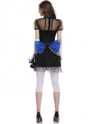Black Lace Short Sleeve Short Dress Blue Bow Medium White Trouser Bride Set Halloween Ghost Doll Circus Clown Performance Costume
