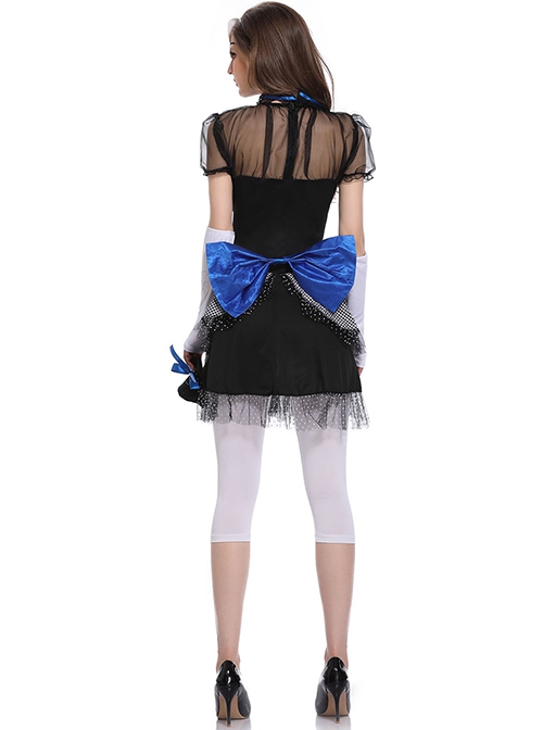 Black Lace Short Sleeve Short Dress Blue Bow Medium White Trouser Bride Set Halloween Ghost Doll Circus Clown Performance Costume