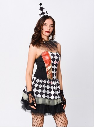 Sleeveless Short Classic Black-white Diamond Print Lace Edge Dress Halloween Witch Circus Clown Performance Costume Female